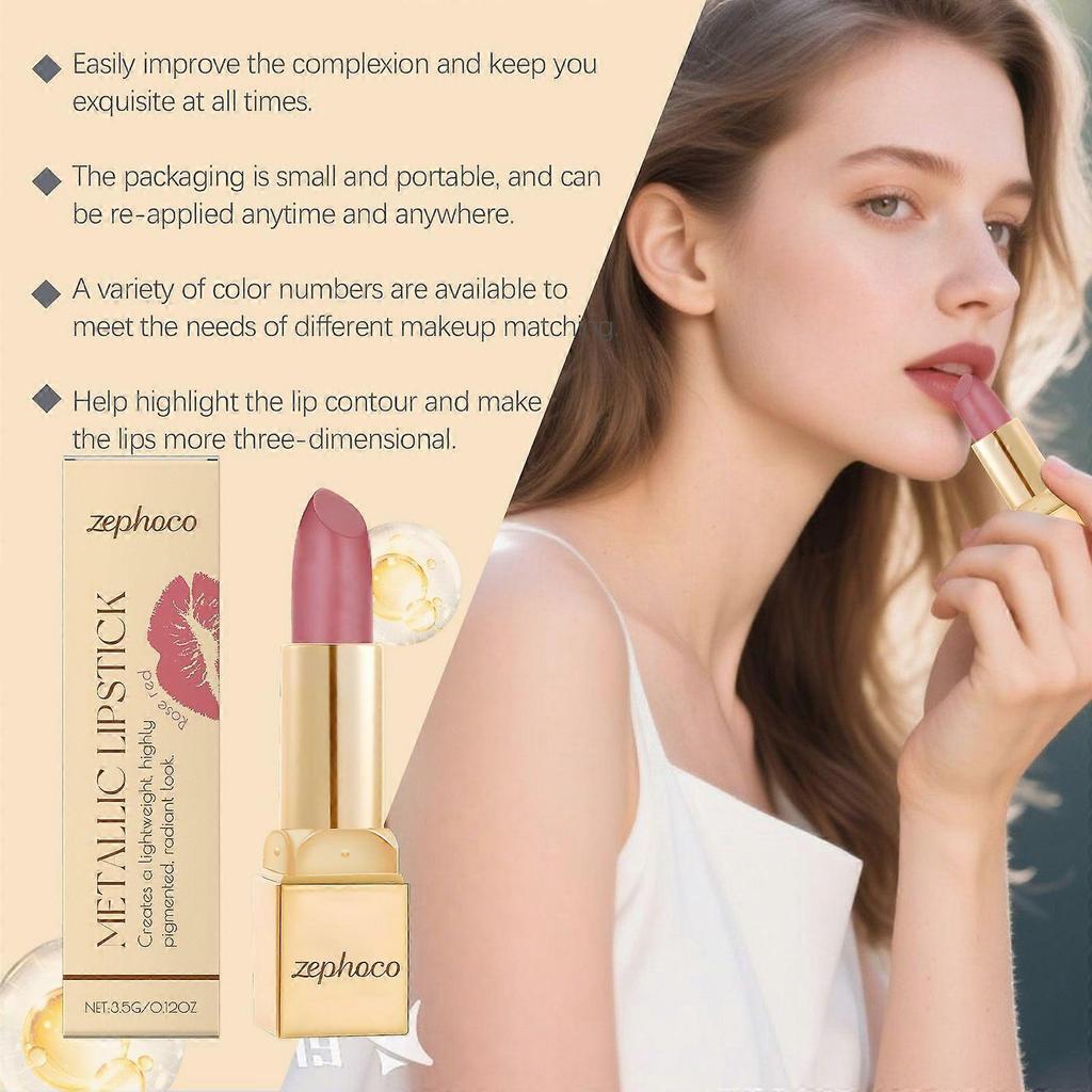 Zephoco Rose Red Metallic Cream Lipstick, Lightweight Texture, Moisturizing, Easy To Apply, Creates Glossy Lips