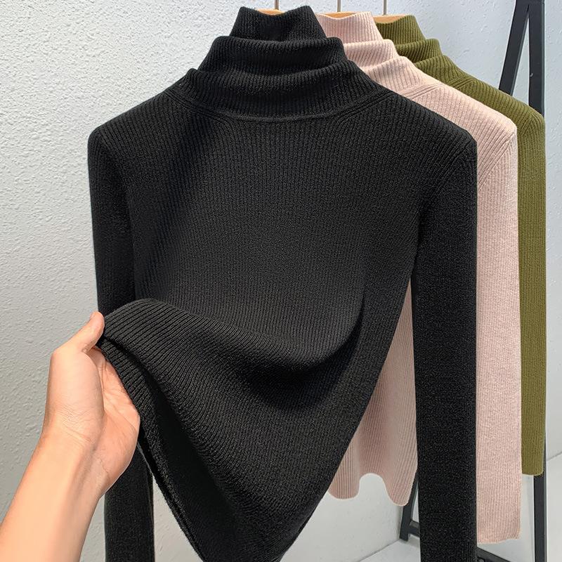 Женский осенне-зимний вязаный свитер с высоким воротом, джемпер чистого цвета