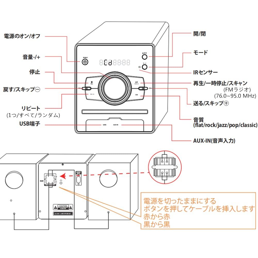 CD-плеер 30 Вт CD-стереосистема Мини-компонент FM-радио Bluetooth-совместимый вход Разъем для наушников Японская кнопка Японский пульт дистанционного управления USB/AUX