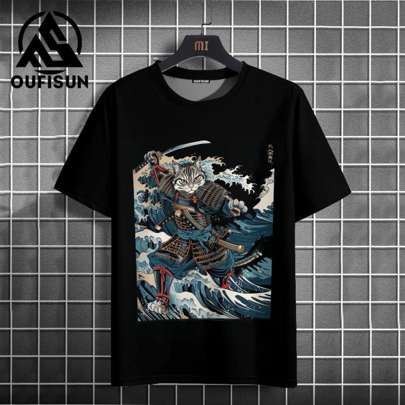2024 Japanese Style Men's T-Shirt Samurai Cat Pattern T-Shirt Casual Loose Short Sleeved Tees Oversized Men Clothing Tops Summer