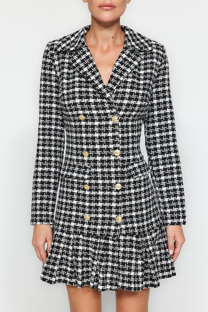 Women's Dress New Season Fashion Black Skirt Flounced Button Detailed Tweed Woven Dress