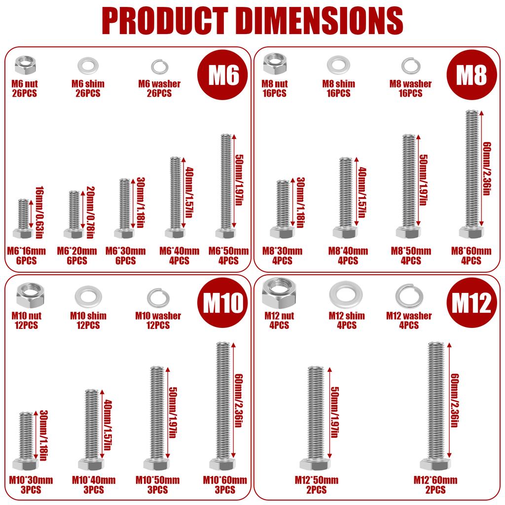 232Pcs Hex Bolts and Nuts Set M6 M8 M10 M12 Nut and Bolt Assortment Kit 304 Stainless Steel Outer Hexagon Bolts Machine Screws