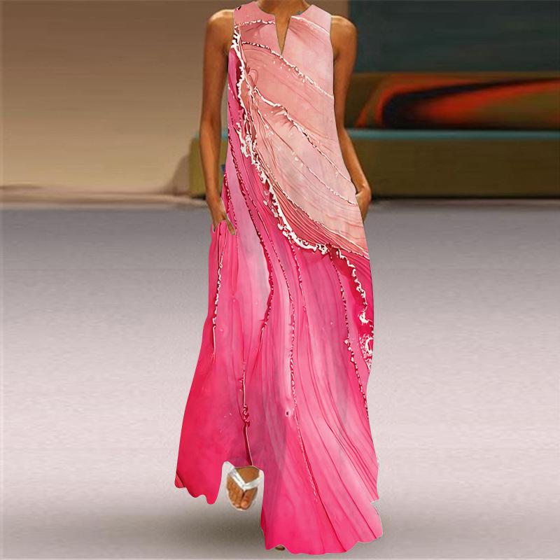 2026 New Summer Women's Sleeveless V-Neck Printed Sexy Dress Long Dress European and American Women's Clothing