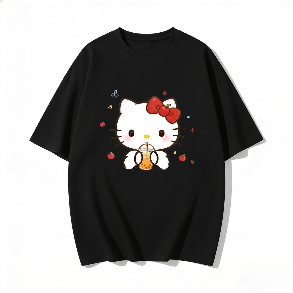Летние футболки с принтом Hello Kitty для женщин, короткий рукав, 100% хлопок, семейные matching-наряды, топы, модные Y2k