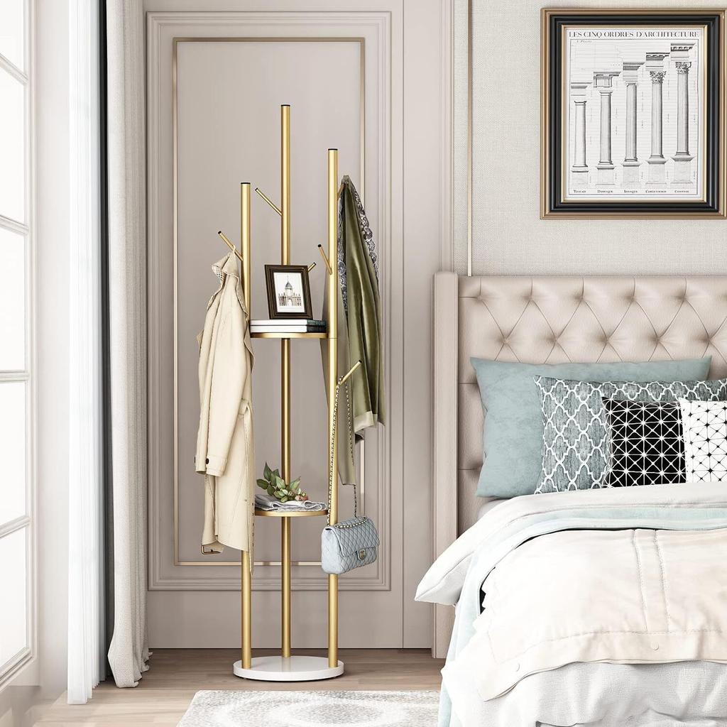 Металлическая золотая напольная вешалка-стойка для одежды, вешалка-стойка, прихожая с мраморной полкой