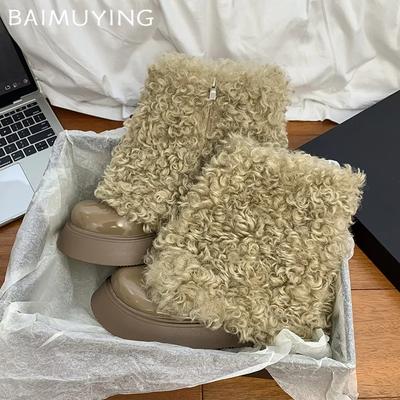 Пушистая платформа женские зимние ботильоны теплые кожаные ботинки женские 2025 тренд готические короткие плюшевые прогулочные мотоциклетные ботинки женские