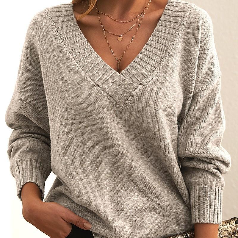 Women's Fashion Casual Solid Color Print Autumn Winter Long Sleeve V-Neck Loose Sweaters