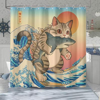 Забавная японская кошка Занавеска для душа Милая Забавная Крутая Кошка Монстр Акула Занавески для душа для ванной Винтажные Океанские волны Аниме Детские