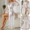 Ladies Nightgown Sexy Lace Splicing Homewear Bathrobe Cardigan Perspective Pajamas