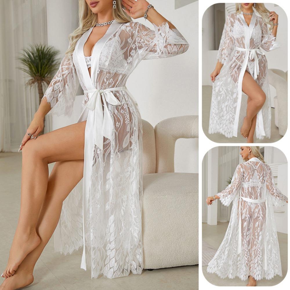 Ladies Nightgown Sexy Lace Splicing Homewear Bathrobe Cardigan Perspective Pajamas