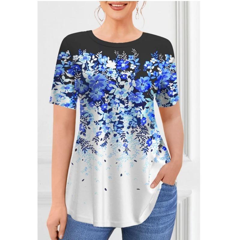 Летняя футболка с круглым вырезом, 3D-принтом цветов и бабочек, модная повседневная женская футболка большого размера с коротким рукавом