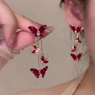 Элегантные серьги-подвески с бабочками красного и фиолетового цвета для женщин Y2K бант бабочка длинная кисточка серьга подарок на Новый год
