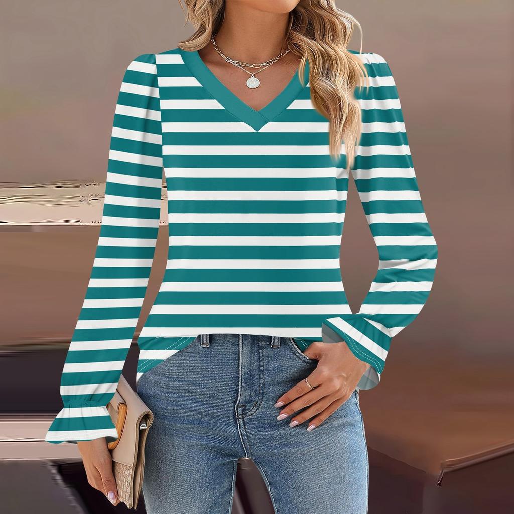 Women's Daily Casual Long-sleeved Striped Printed V-neck Top