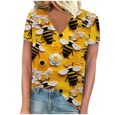 Винтажная женская футболка с принтом пчелы, с коротким рукавом, с V-образным вырезом, удобные футболки