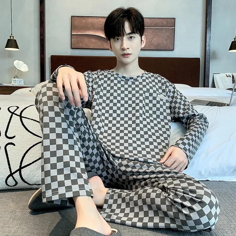 Хлопковая пижама для мужчин с длинными рукавами, топ, брюки, ночная рубашка для молодых мальчиков, мужская ночная рубашка в полоску, домашняя одежда