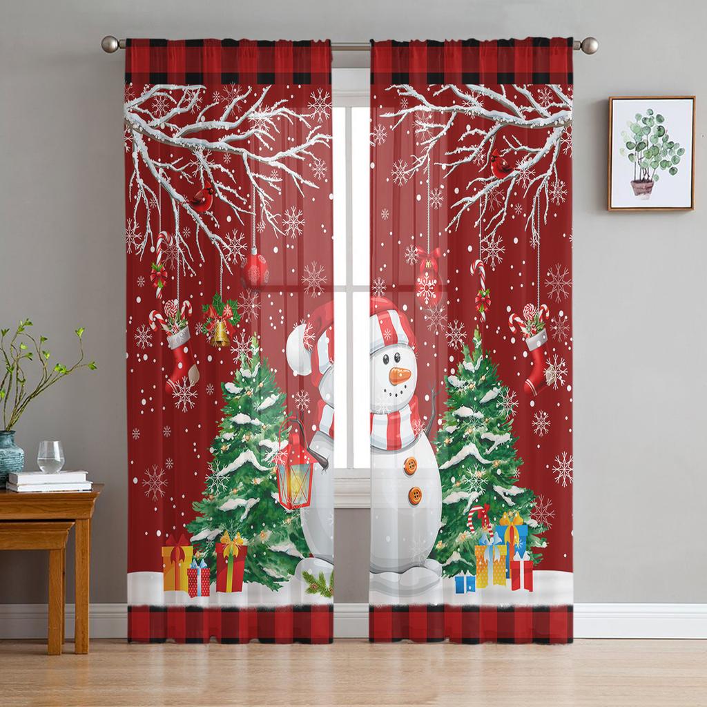 Christmas Tree Snowman Snowflake Gift Wood Grain Voile Curtains Bedroom Tulle Window Curtain Living Room Sheer Curtains Drapes
