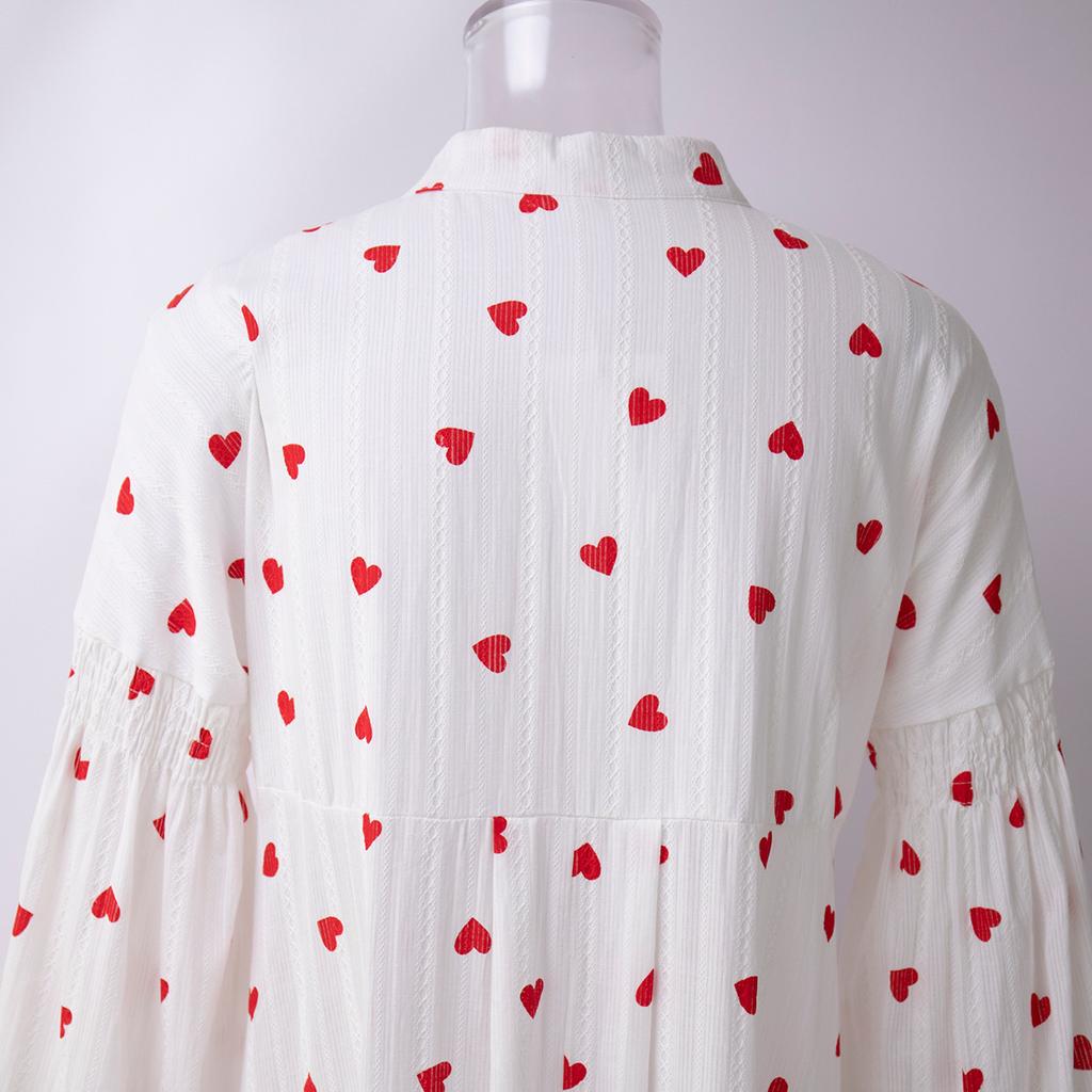 Love Print Dress Women's Spring Summer Splicing Lantern Sleeve Cotton Big Hem Dresses