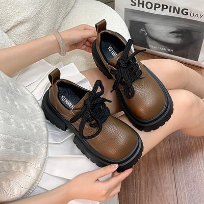 Модные женские туфли на толстом каблуке, осенние новые туфли с круглым носком, глубоким вырезом спереди, на шнуровке, на толстой подошве, удобные мокасины