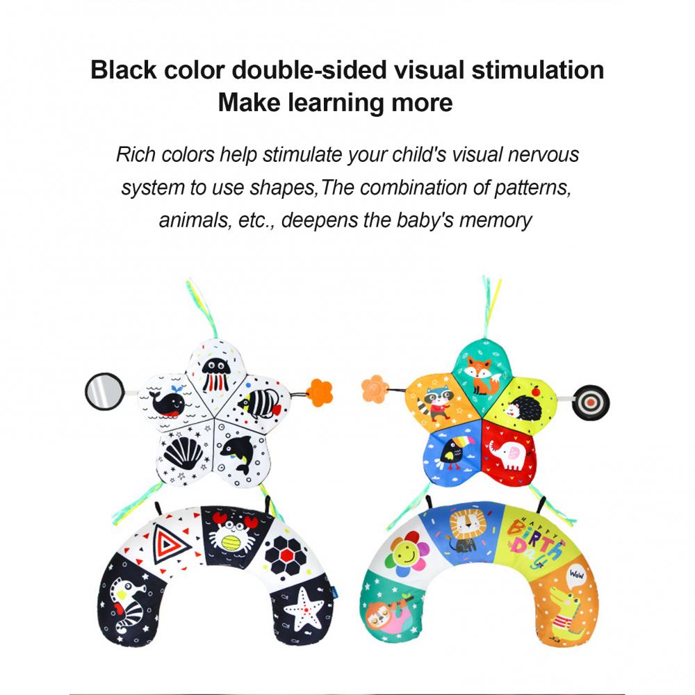 Baby U-shaped Pillow Tummy Time Pillow Toys with With Mirror Teethers Black & White High Contrast Baby Crawling Sensory Toy Double-Sided Pattern
