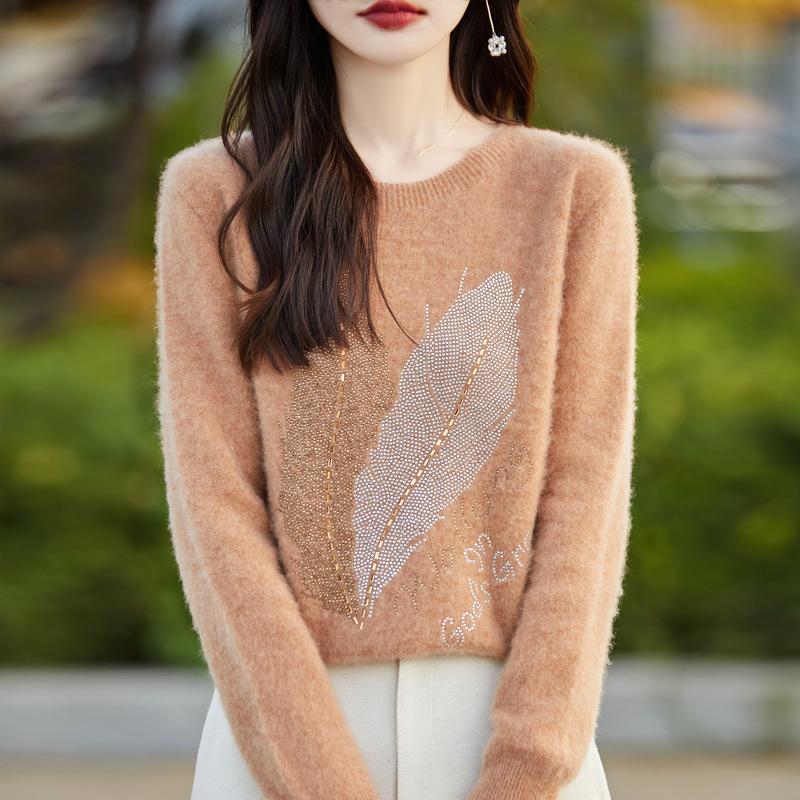 Осенне-зимний свитер-пуловер, женский свитер с круглым вырезом, трикотажная рубашка с окантовкой, облегающий свитер с эффектом дрели