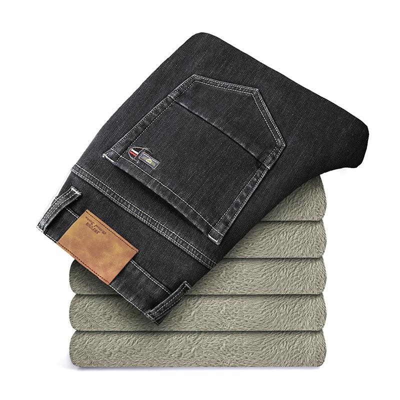 Зимние мужские плюшевые и толстые джинсы молодежные мужские деловые облегающие большие размеры прямые длинные брюки одежда