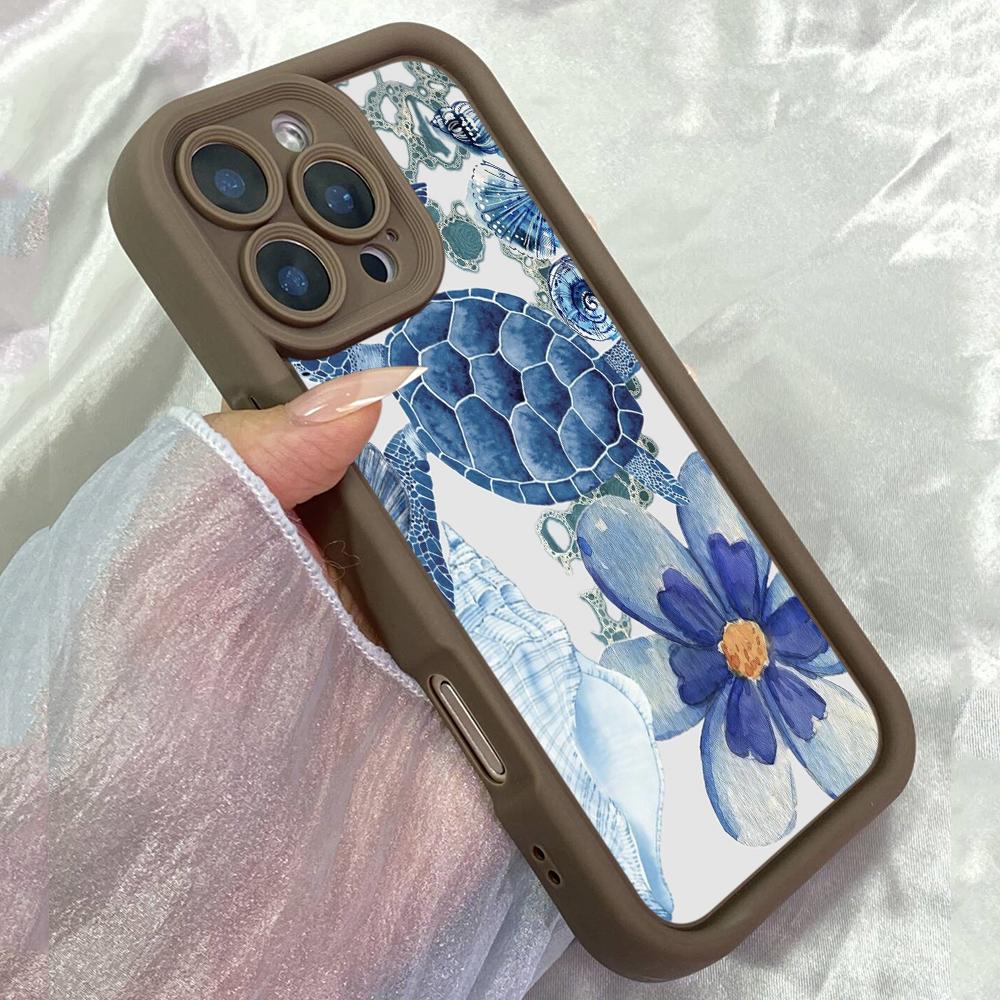 JT100 Синяя морская звезда черепаха для iPhone 17 16 15 14 Pro Max Samsung S26 S25 S24 Ultra A17 A16 A07 A56 A06 Xiaomi 15T Redmi 14C 15c Note 14 Мягкий чехол из ТПУ