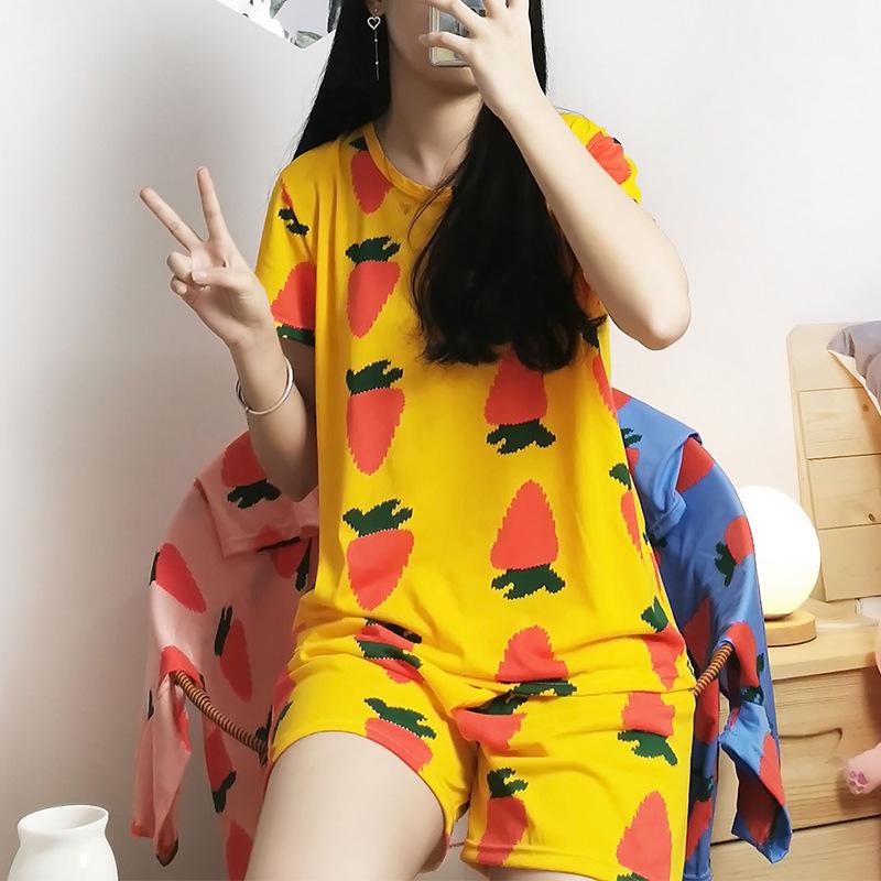 Женский летний пижамный комплект: Круглый вырез, Короткий рукав, Мультяшный принт, Омолаживающая домашняя одежда