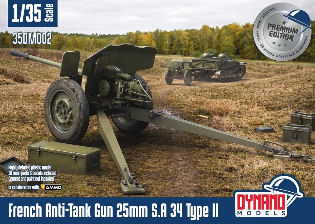 Dynamo Models 1/35 French Hotchkiss 25mm S.A. 34 Type 2 Anti-Tank Gun Premium Edition Plastic Model DYN35DM002P