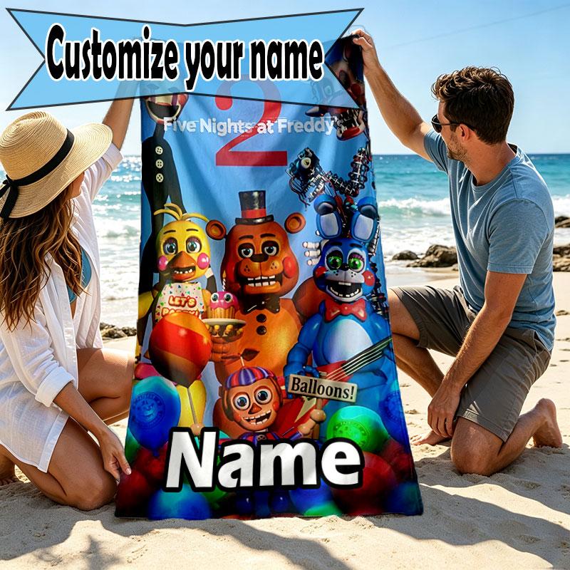 Custom Name Personalized Five Nights at Freddy's Print Beach Towel, for Trip Camping Beach Party Home Decor, Birthday Gift for Family & Friends
