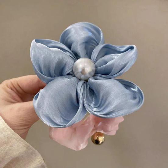 Hair Tie Handmade Satin Flower Decor Hair Tie with Imitation Pearls Large Elastic Soft Hair Band Autumn Winter Hair Accessories