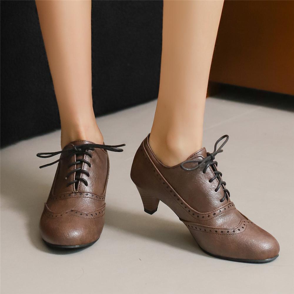 Fashion Retro Oxford Pumps Spring and Autumn New Style Fashion Cross Lace Up High Heels Single Shoes Round Head Lefu Shoes High Heels Si