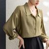 Винтажные зеленые повседневные рубашки с длинным рукавом, женские свободные модные весенне-осенние женские блузки на пуговицах, элегантные однотонные офисные простые женские рубашки 25860