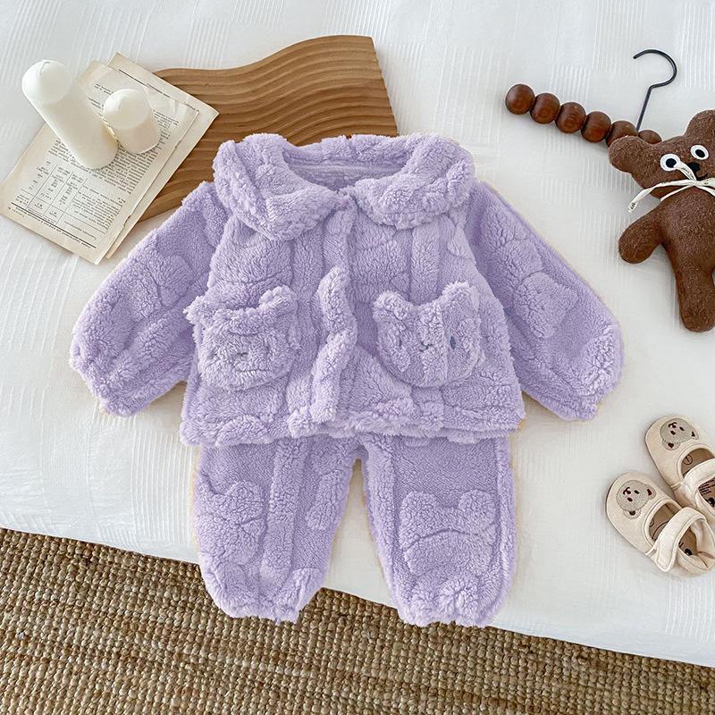 Детские пижамы, осенне-зимний комплект из утолщенного флиса, детский комплект с лацканами Xiao Xiong Shu, хлопковый флисовый комплект детской домашней одежды