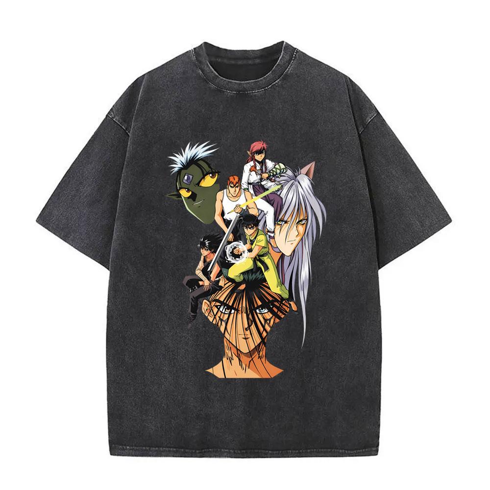 Anime YuYu Hakusho Urameshi Yuusuke Vintage Washed T Shirt Men Women Casual Oversized Tshirts Mens 90s Manga Retro Streetwear
