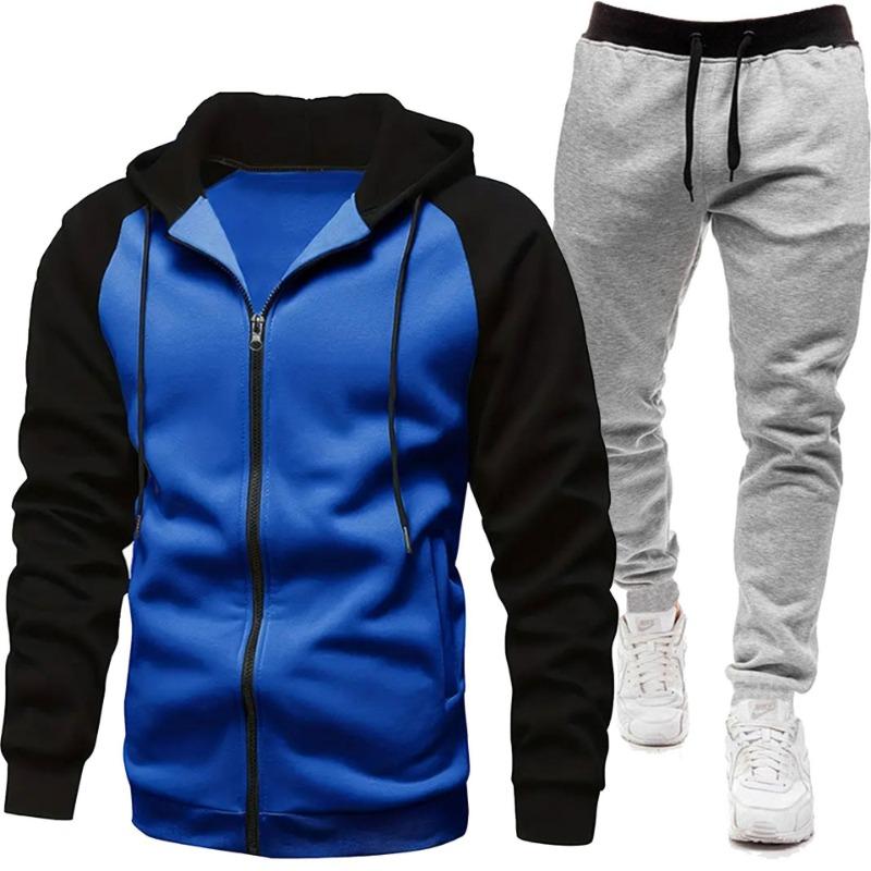Men's Fashion Color Blocked Coat Long Sleeve Casual Sports Set Men's Top Pants