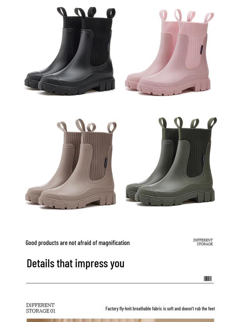 Women's Elastic Mid-Calf Waterproof Fashion Rain Boots - Wear-Resistant, Non-Slip, Height-Increasing, Solid Color.