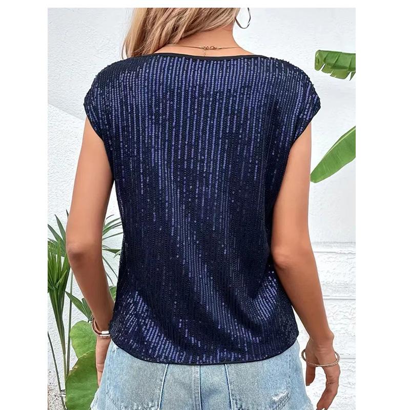 Женская мода, повседневная футболка с круглым вырезом и блестками, пуловер с короткими рукавами, топ