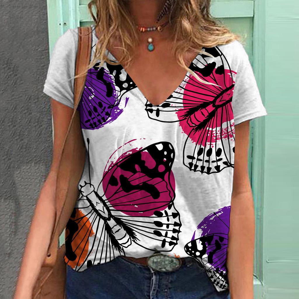 Летняя женская футболка с короткими рукавами и V-образным вырезом в стиле Harajuku с принтом бабочки из полиэстера с 3D-принтом и цифровым принтом