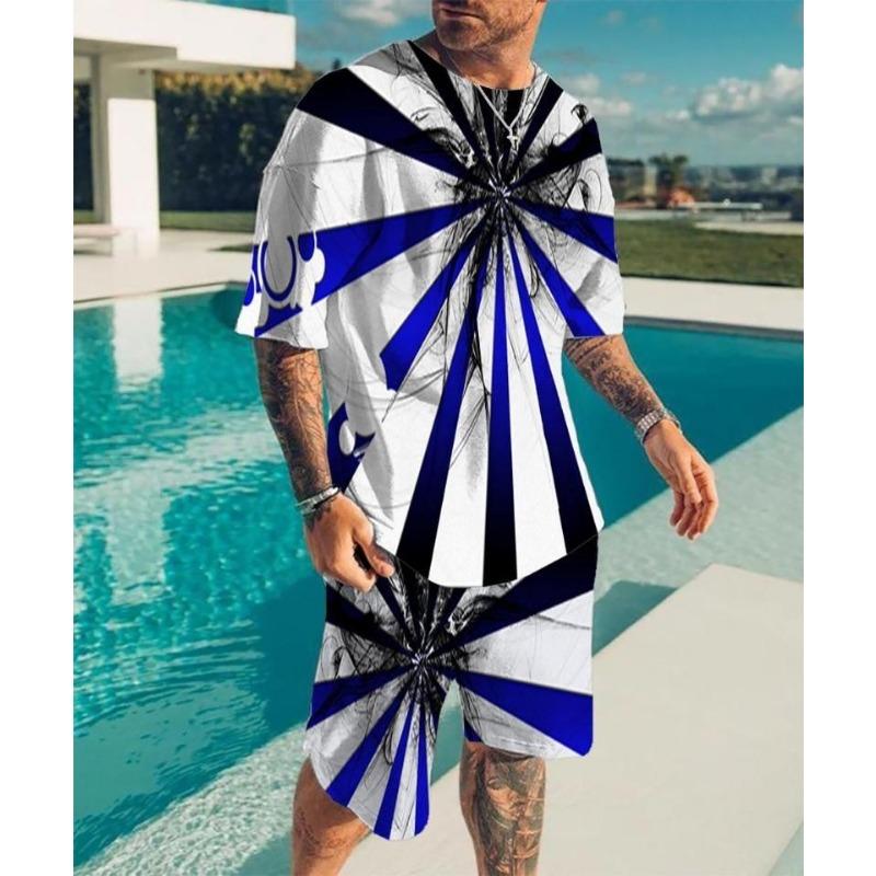 2025 New Men's Round Neck T-shirt Set Printing Optical Illusion Pattern T-shirt Two Piece Set Fashion Men's Summer T-shirt Set
