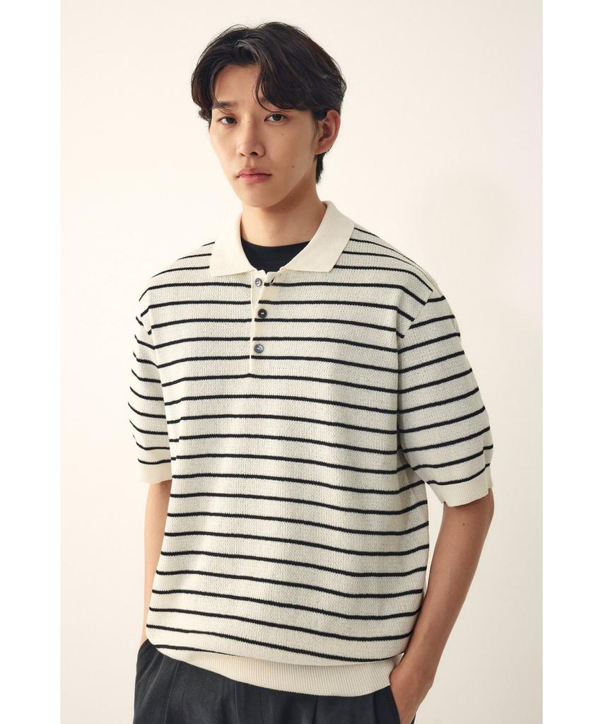 STUDIO TOMBOY [Men] Striped Collared Neck Short Sleeve Knit_Ivory 91M6252221
