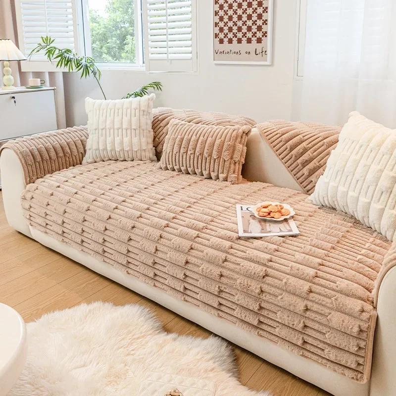 Black Thick Sofa CoverTowel Winter Artificial Rabbit Plush Couch Cushion Living Room  Non-Slip Soft  Back Universa Sofas Mat