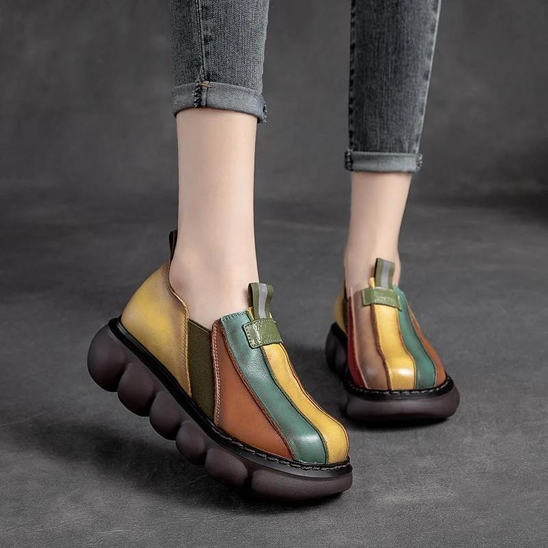 Fashion Autumn 2024 New Fashion Ethnic Style Retro Handmade Rainbow Color Female Leather Thick Sole Cake and Casual Shoes
