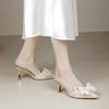 Champagne Sequined Bow Thin Heel Bag Head Drag Women's Summer Pointed Transparent High Heel Slippers with Skirt