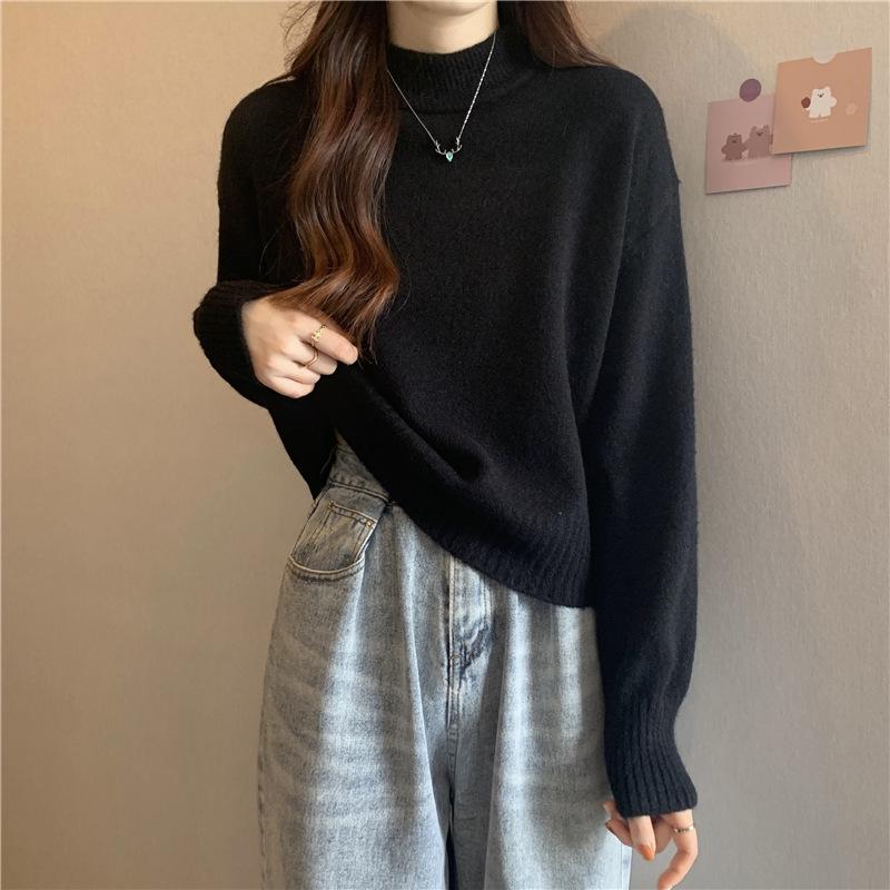 Корейский однотонный свитер с полувысокой горловиной для женщин, короткий модный повседневный трикотаж с однотонным пуловером внутри для осени и зимы