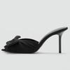 Elegant Bow Decoration Black Heeled Slippers Women Novelty Peep Toe Pleated Slide Sandal Luxury Banquet Dress Shoe Zapatos Mujer
