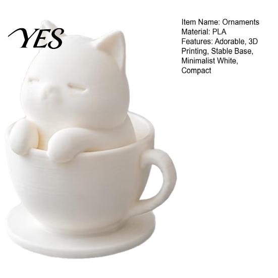 Aesthetic Desk Accessories for Women 3D Printed Cute Cat Teacup Figurine, Mini Animal Statue Healing Decor Ornament, Smooth Minimalist White Figurine