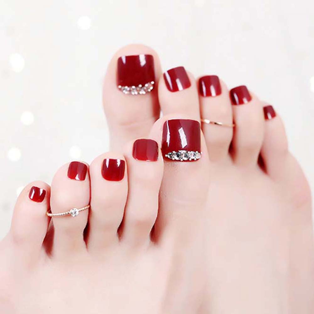 Wine Red Full Cover False Nails DIY Nail Art Tip 3D Rhinestones Fake Toe Nails Short Nails Patch