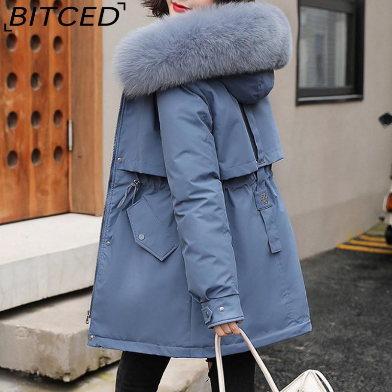 BITCED Women's Winter Mid-Length Cotton Coat with Fleece Lining, Large Fur Collar, Plus Size, Short Waist-Defining Jacket