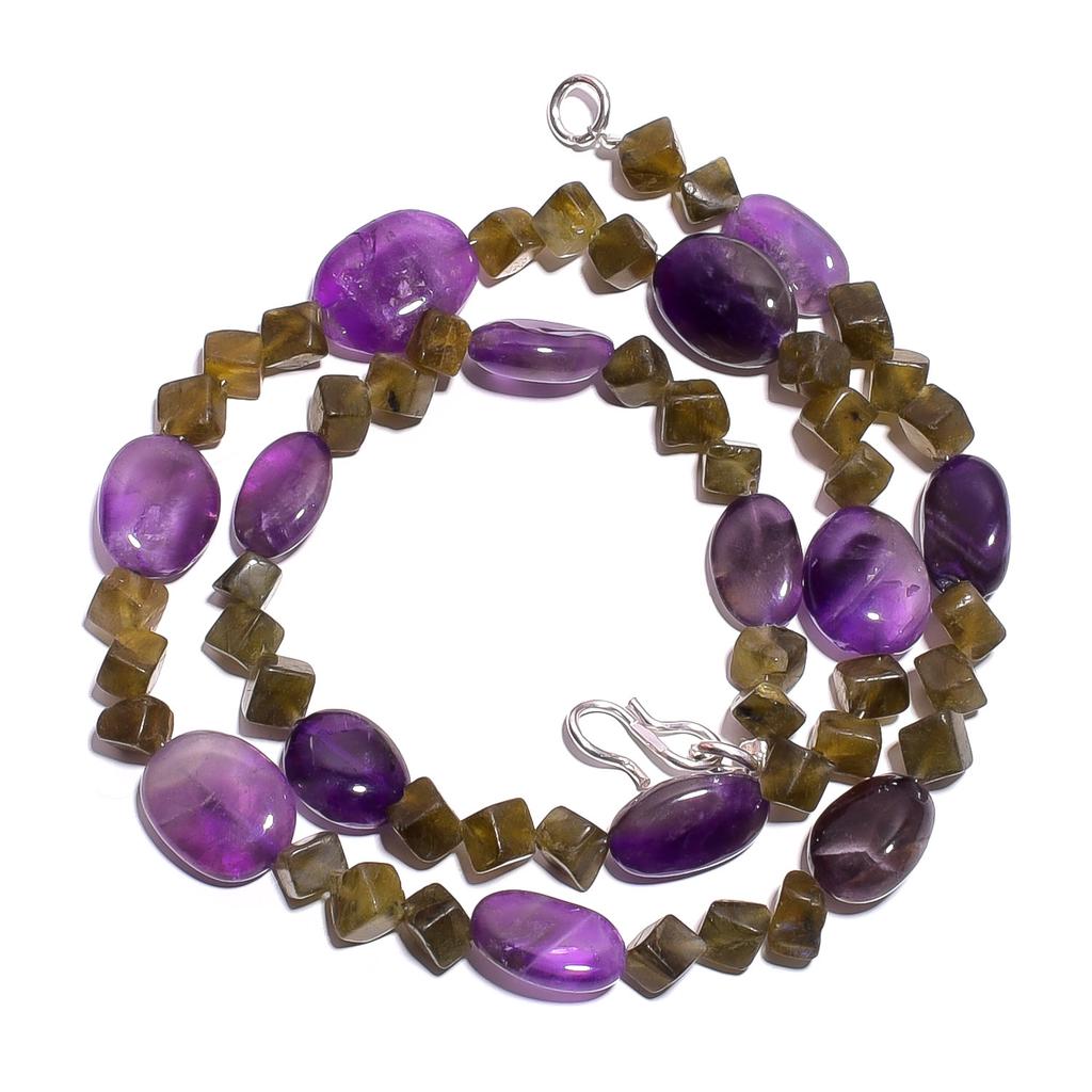 Natural Amethyst Labradorite Gemstone Smooth Beads Necklace 17" UB-4991 UB-4991