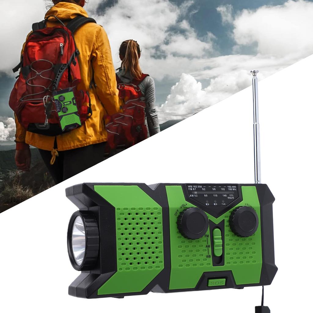 AM FM WB Radio Hand Crank Solar Battery Operated Portable Radio with Weather SOS Alert LED Flashlight for Camping Emergency Green